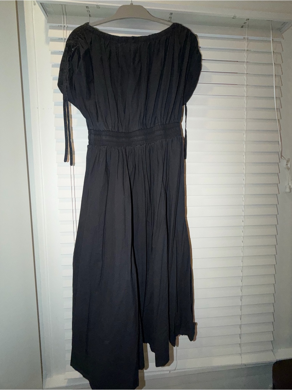 Ina Black Midi Dress with Puff Sleeves and Smocked Waistband